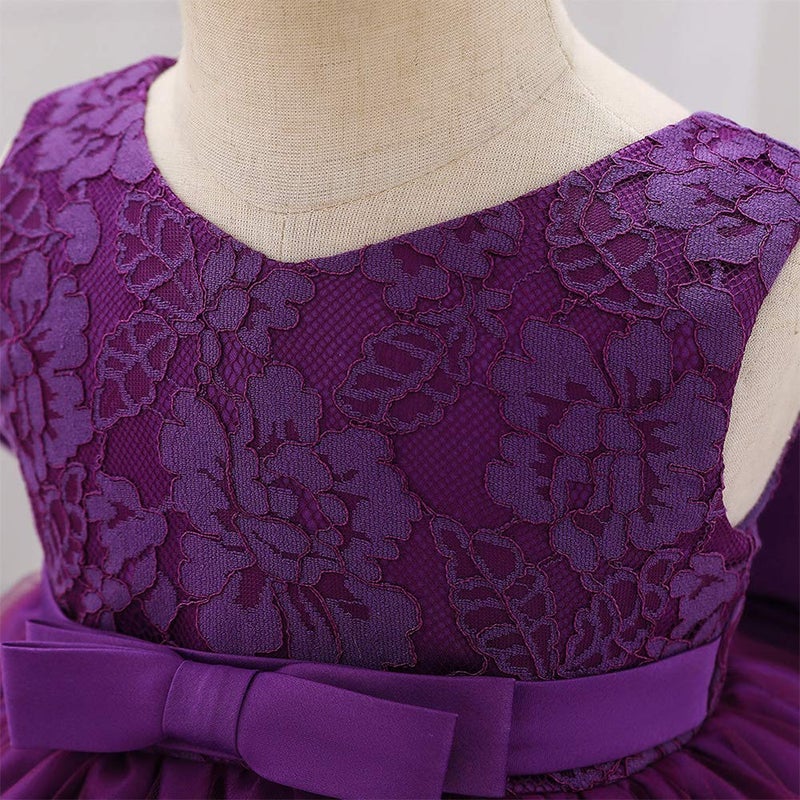OBEEII Flower Girl Embroidered Lace Tutu Dress Infant Baby Girls V Neck Bowknot First Birthday Dress Princess Wedding Formal Event Pageant Christmas Dress Summer Party Dresses Purple 12-18 Months - Image 2